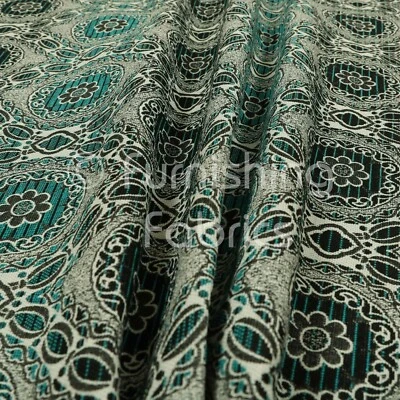Glitter Upholstery Furnishing Pattern Fabric Damask Circle In Silver Black Teal - Image 1 of 4