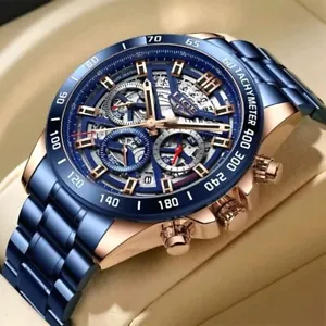 Mens Luxury Stainless Steel Blue Wristwatch Chronograph Sports Quartz Watch - Picture 1 of 19