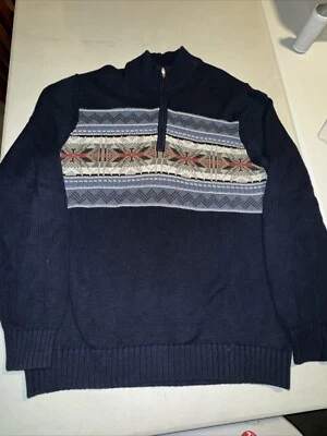 IZOD Quarter Zip Mock Neck Sweater Size LT Navy Snowflake Pattern Holiday Preppy - Image 1 of 4