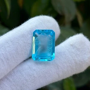 Swiss Blue Topaz Hand Craved Horse Face Octagon Cut 15.4 Carat Loose Gemstone - Picture 1 of 4