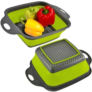 Green Square Collapsible Colander with Handles Silicone Kitchen Strainer - Picture 1 of 9