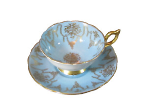 Vintage Coalport Bone China Sky Blue Gold Porcelain Teacup & Saucer England 40's