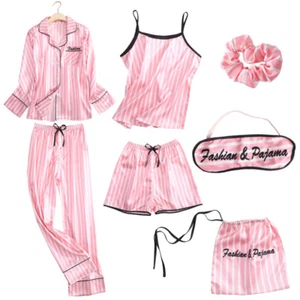 Women Pajamas 7Pieces Satin Sleepwear Pijama Silk Home Wear Embroidery Sleep Pjs - Picture 1 of 10