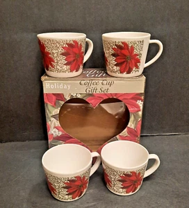 Holiday Coffee Cup Gift Set 4 Piece Melamine Xmas Poinsettia Set 4 in Box NEW - Picture 1 of 5