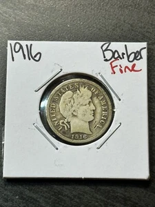 Moneda de diez centavos de plata de barbero 1916 FN fina mejor fecha (Raw11570) - Imagen 1 de 2