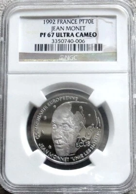 1992 PLATINUM FRANCE JEAN MONET 500 FRANC COIN NGC PROOF 67 ULTRA CAMEO - Image 1 of 3