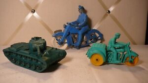 VINTAGE (1950'S) 3 AUBURN VINYL/RUBBER TOYS--MOTORCYCLES & TANK--MADE U.S.A.!!!