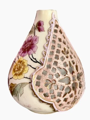 Antique Rudolstadt Pierced/Open Work Porcelain Vase Hand Painted 6” Floral AS IS - Image 1 of 4