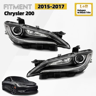 For 2015-2017 Chrysler 200 Halogen Headlight w/LED DRL w/Black Trim 8 pins Pair - Image 1 of 4