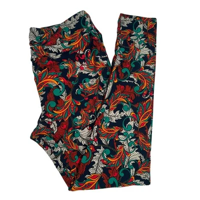 Leggings LuLaRoe azul marinho folhas de penas rosa branco amarelo nova alta e curvilínea TC - Imagem 1 de 4