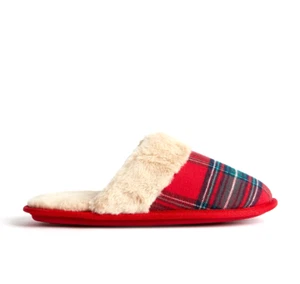 Ex M&S Women's Checked Faux Fur Lined Mule Slippers in Red Mix UK 6 #8855 - Picture 1 of 5