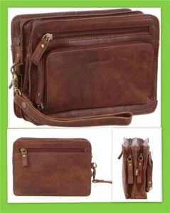 PIERRE CARDIN MENS RUSTIC LEATHER ORGANISER WRIST BAG TOILETRY Handbag 20x8x15cm - Picture 1 of 5