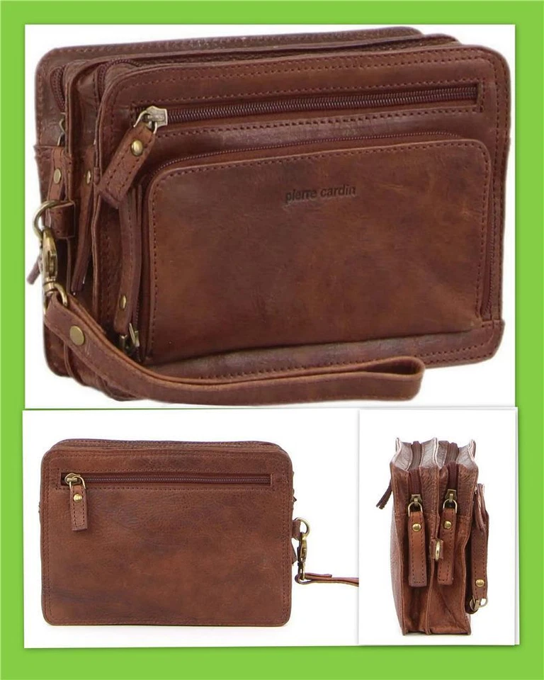 PIERRE CARDIN MENS RUSTIC LEATHER ORGANISER WRIST BAG TOILETRY Handbag 20x8x15cm - Image 1 of 4