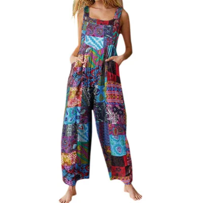 Macacão feminino floral boho férias de verão macacão largo Dungarees casual - Imagem 1 de 4