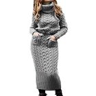 Stylish Women's Grey Chunky Cable Knitted Maxi Dress with Turtle Roll Neck