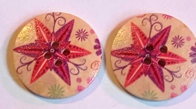 2 Red Star Sewing Buttons Crafting Wood Round 4 Hole 1 1/8"  - Image 1 of 2