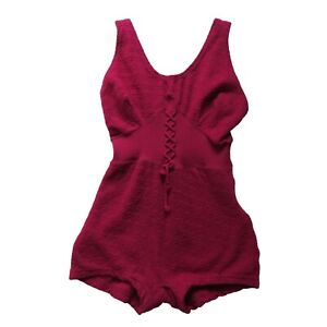 Vintage 1930s Women's Burgundy Wool Lastex Lace-Up One-Piece Swimsuit by CENTRAL