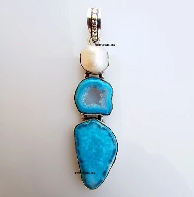 蓝色玛瑙珍珠镀银手工大号2.9英寸吊坠/项链 — 第 1/4 张图片