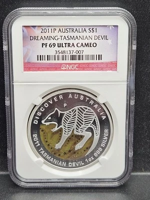 2011 Dreaming Australia 1oz Silver  Tasmanian Devil-NGC PF69 Ultra Cameo- Rare!! - Image 1 of 2