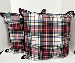 Ralph Lauren S/2 Tartan Plaid Black Velvet Trim 20" Feather Filled Throw Pillows - Picture 1 of 4