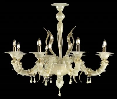 Lámpara de araña veneciana marfil en cristal de Murano hecha a mano en Italia 8 luces Foto 1 de 4