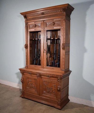 *French Antique Renaissance Gun Cabinet Display Case in Solid Oak with Angels Cover