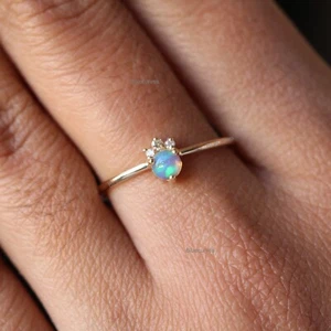 Solitaire Ethiopian Opal & Trio Natural Diamond Mini Crown Ring 14k Solid Gold - Picture 1 of 10