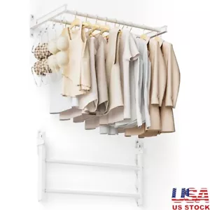 Wall Mounted Drying Rack Foldable Laundry Rack 2 Rods 8 Clips 60lb Capacity New - Picture 1 of 8