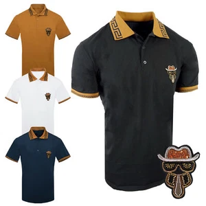 Mens Polo Shirt Italian Striped Trim Designer Bead Patch Stretch NEW Casual Golf - Picture 1 of 10