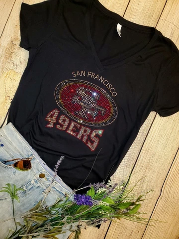 Womens San Francisco 49ers Rhinestone New Womens Sizing VNeck T-shirt S thru 4X Cover