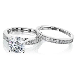 2ct Round Cut Moissanite Vintage-Inspired Bridal Set Ring 14k White Gold Plated - Picture 1 of 7