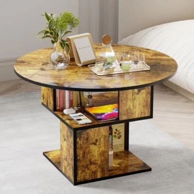  Coffee Table with Storage,3-Tier Coffee Table for Living Round Caramel Brown - Image 1 of 4