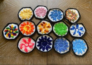 Lot Of 13 6” ASSORTED COLOR FLOWER Crocheted GRANNY SQUARES Blocks AFGHAN THROW - Picture 1 of 5