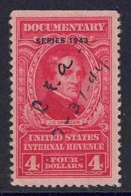 US Scott R375 $4.00 J C Spencer “Series 1943” Revenue Red Stamp cj150 - Image 1 of 2