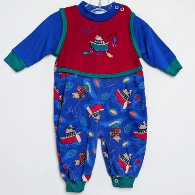 Mameluco de una pieza de animales de oso de pesca Healthtex Gone vintage años 80 bebé 6-9 meses Foto 1 de 4