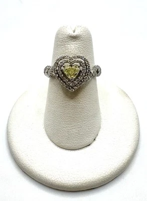18k White Gold Yellow And White Diamond Halo Heart Ring Sz 6 - Image 1 of 4