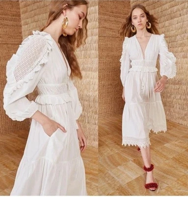 Ulla Johnson Sheila White Lace Sleeve Midi Dress Size 10 Embroidered - Image 1 of 4