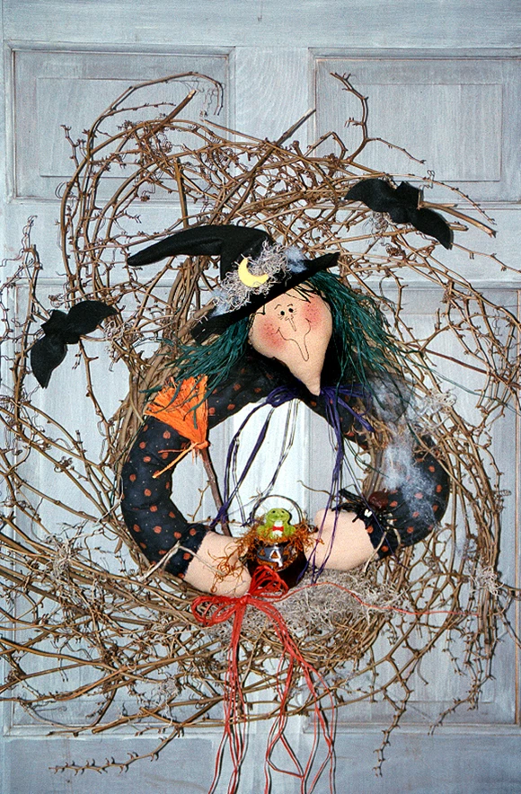 #7210 Witch doll wreath PATTERN by Bonnie B Buttons Grapevine wreath wall art - Image 1 of 1
