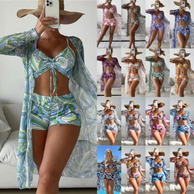 3Pcs Womens Prints Swimsuit Push Up Bra Shorts Long Sleeve Cardigan Bikini Set - Image 1 of 4