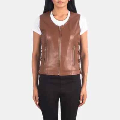 Brown Side Lace Stylish Western Zip Waist Coat Women Vest Coat Lambskin Leather - Image 1 of 4