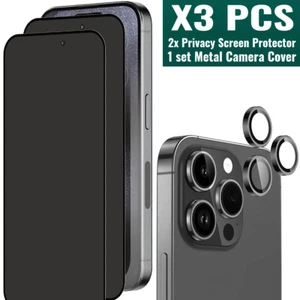 For iPhone 16 15 14 13 Pro Max Privacy Glass Screen Metal Camera Lens Protector - Picture 1 of 8
