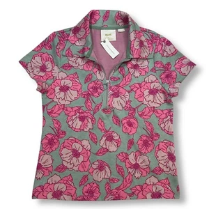 NWT Maeve Anthropologie Jacquard Floral Half Zip Short Sleeve Knit Top Pink M - Picture 1 of 7