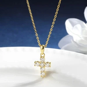 3mm VVS1 Moissanite Cross Pendant Necklace Women Gift 18k Yellow Gold Plated GRA - Picture 1 of 10