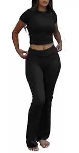 Casual Workout Two Piece Outfits for Women Short Sleeve Crop High Waist Foldo... - Picture 1 of 7