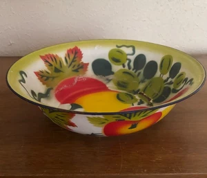 Vintage Enamelware Metal Bowl 12" Red Yellow Fruit Floral Design USSR Era - Picture 1 of 9