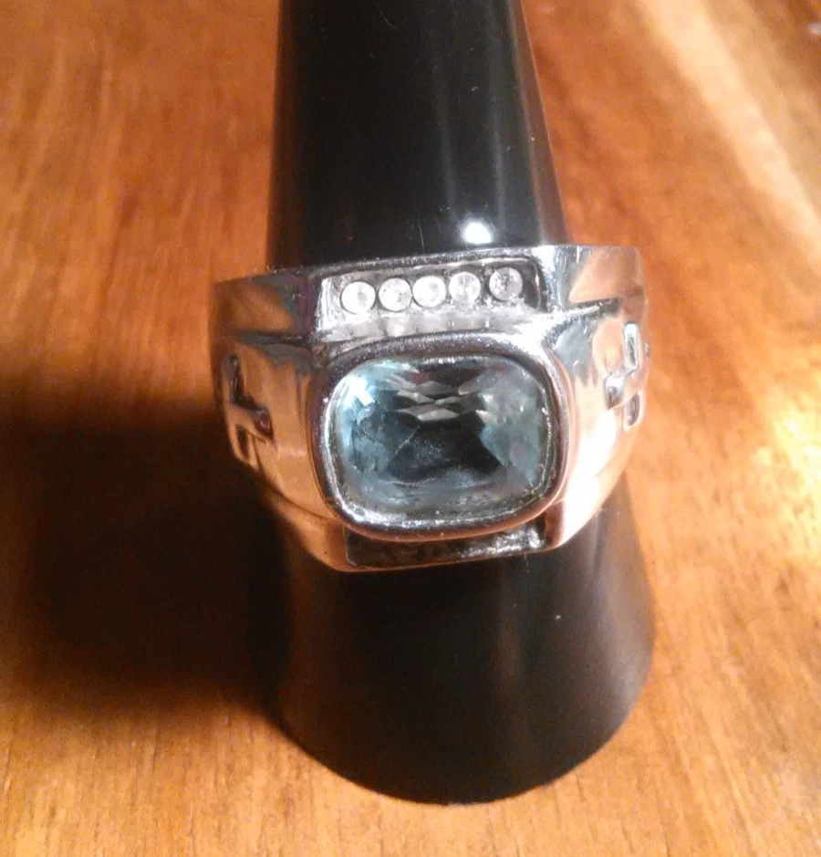 Anillo de acero inoxidable con diseño de cruz de cristal blanco topacio azul cielo para hombre (talla 10) Foto 1 de 4