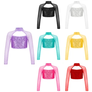 Kid Girls Dance Wear Sparkling T-Shirt Mesh Crop Top Elastic Sportswear Shiny - Picture 1 of 77