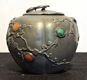 Antique Chinese Pewter Lidded Bowl w/Stones, 3.5" Tall, 4" Dia - Great Condition - Picture 1 of 13