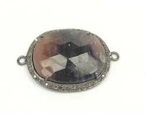 PAVE DIAMOND TWO TONE  SAPPHIRE STERLING SILVER BLACK RHODIUM PLATED CONNECTOR 3 - Picture 1 of 1