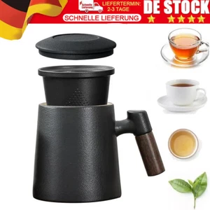 Teetasse mit Sieb und Deckel Keramik Tee Becher Groß Porzellan Set Schwarz DE - Bild 1 von 15